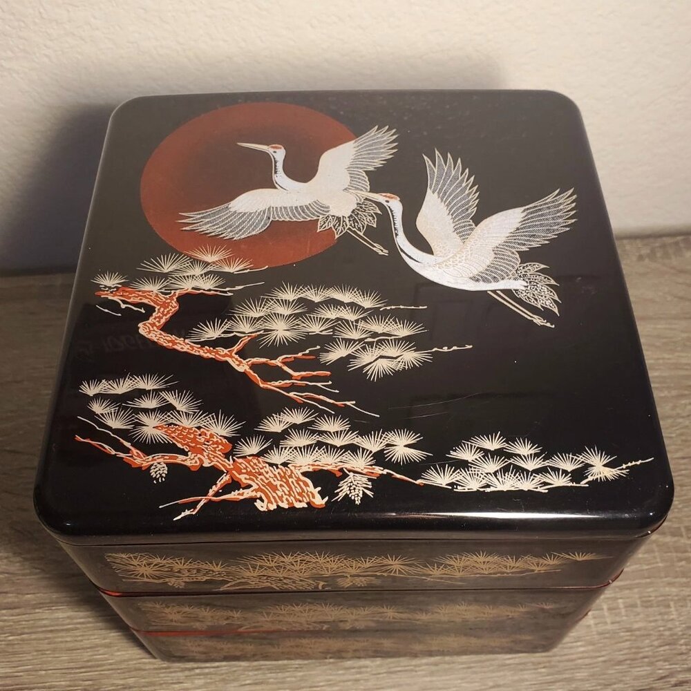 Vintage Japanese 3 Tier Bento Box Lovely Cranes in Flight Red Interior 7.5x7.5x7